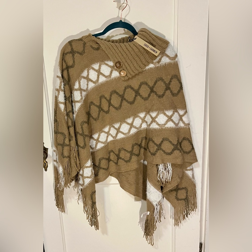 Coco + Carmen Tan and White Poncho Sweater